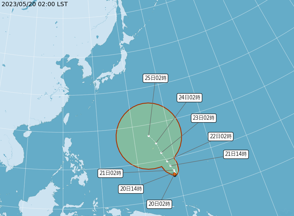 太平洋海面生成一熱帶性低氣壓，有發展成輕颱的趨勢。（圖／中央氣象局）