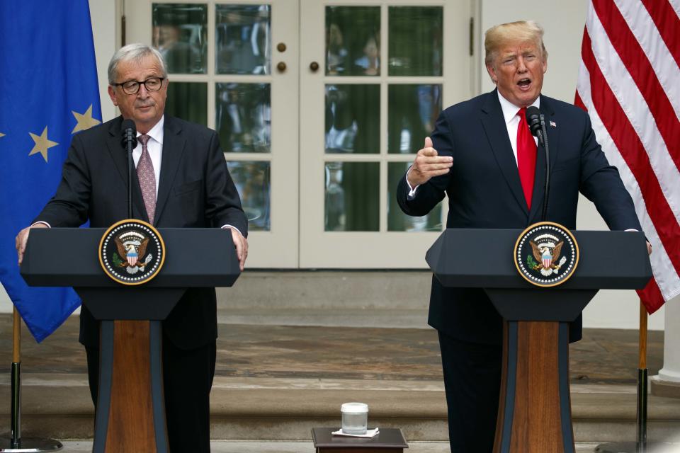 Jean-Claude Juncker und Donald Trump bei der gemeinsamen Pressekonferenz in Washington. (Bild: AP Photo/Evan Vucci)