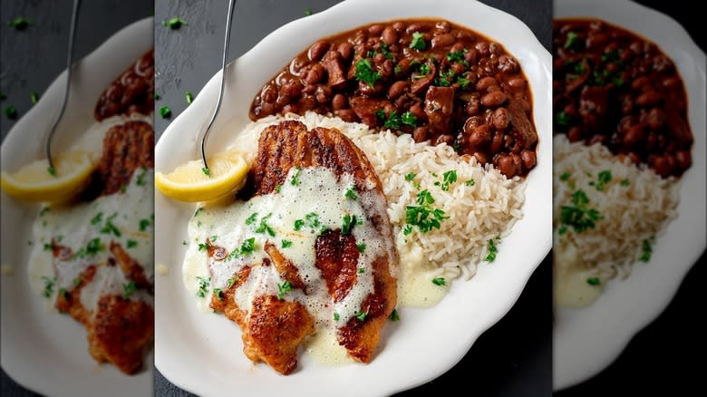 Red beans, rice, and catfish