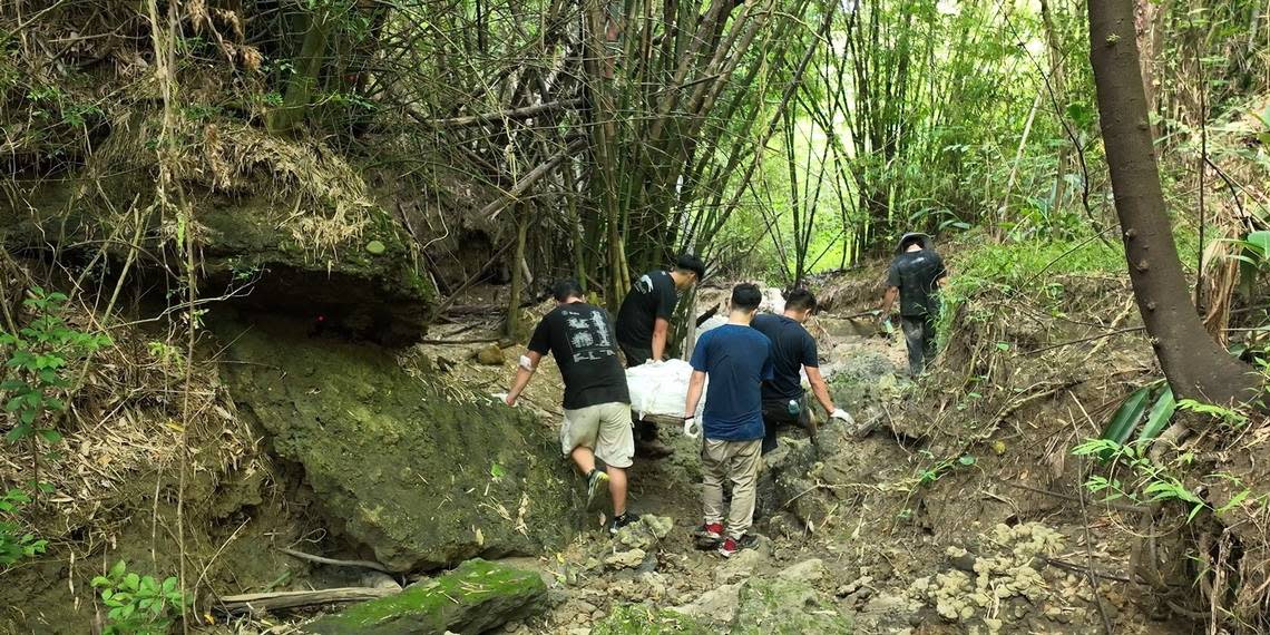 The team using a stretcher to carry part of the whale fossil out of the forest.