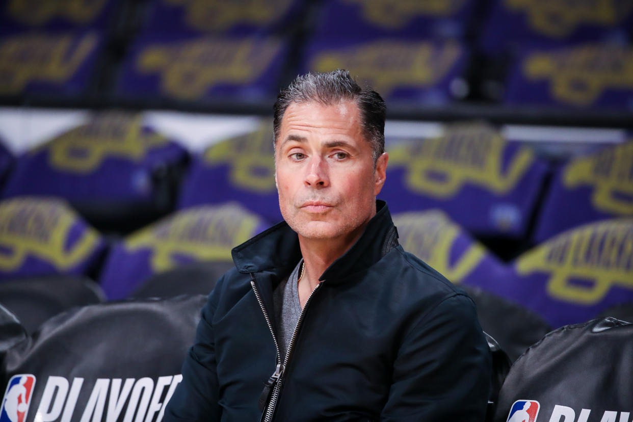 LOS ANGELES, CA - MAY 08: Rob Pelinka is currently the vice president of basketball operations and general manager of the Los Angeles Lakers during game 4 of the NBA Western Conference Semifinals between the Golden State Warriors and the Los Angeles Lakers on May 08, 2023, at Crypto.com Arena in Los Angeles, CA. (Photo by Jevone Moore/Icon Sportswire via Getty Images)