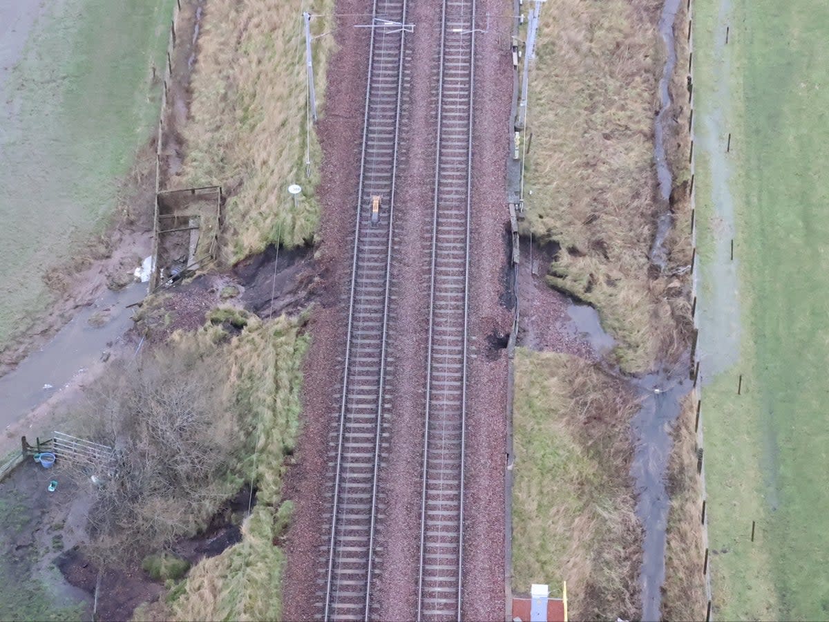 Danger zone: Aerial picture of the flood damage on the West Coast main line  (Network Rail)