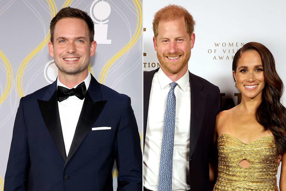 <p>Dia Dipasupil/Getty; Kevin Mazur/Getty</p> Patrick J. Adams at the 75th Annual Tony Awards at Radio City Music Hall on June 12, 2022 (left) and Meghan Markle with Prince Harry at the Ms. Foundation Women of Vision Awards: Celebrating Generations of Progress & Power at Ziegfeld Ballroom on May 16, 2023 (right)