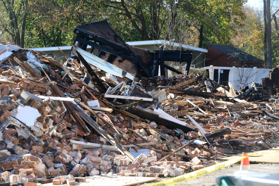 The rubble pile on Brick Row in the Village of Wappingers Falls on November 3, 2023. The 4 unit building was demolished following a gas main explosion and subsequent fire that destroyed much of the structure.