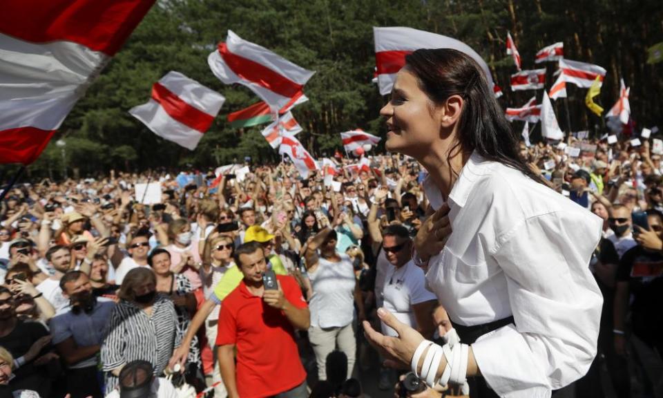 Svetlana Tikhanovskaya addresses a rally in Minsk