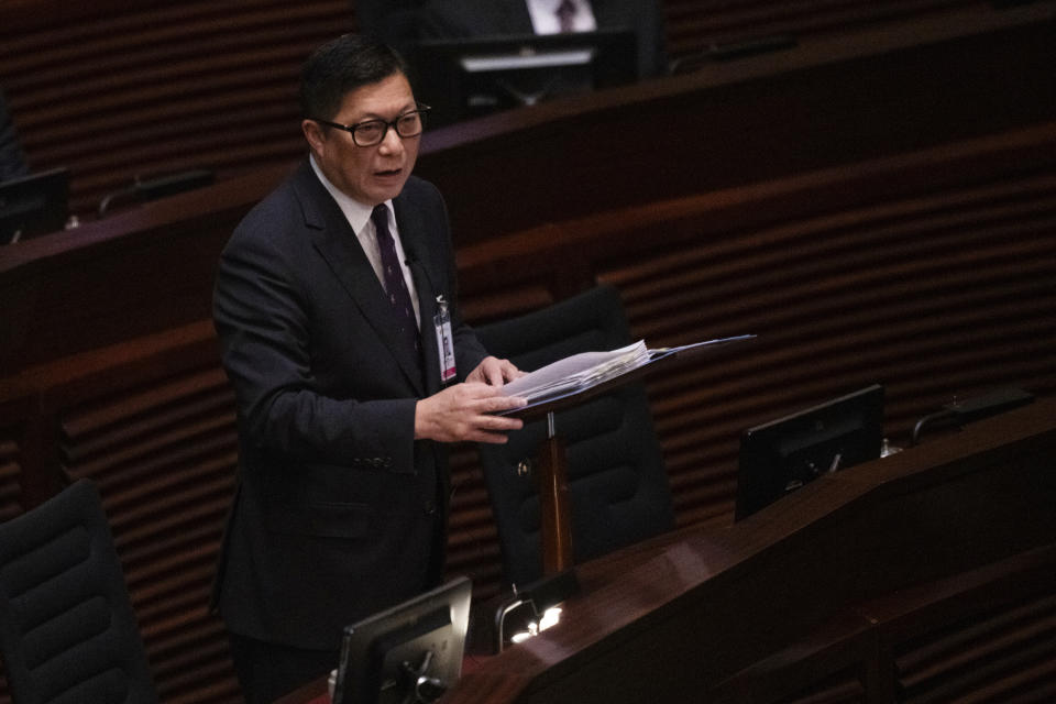 Hong Kong Secretary for Security Chris Tang speaks during the second reading of the Basic Law Article 23 legislation at the Legislative Council in Hong Kong, Tuesday, March 19, 2024. (AP Photo/Louise Delmotte)