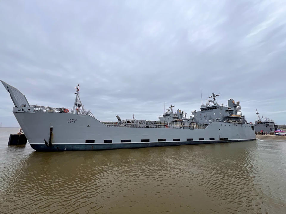 In this photo provided by U.S. military's Central Command, U.S. Army Vessel (USAV) General Frank S. Besson (LSV-1) from the 7th Transportation Brigade (Expeditionary), 3rd Expeditionary Sustainment Command, XVIII Airborne Corps, departs Joint Base Langley-Eustis, Va., Saturday, March 9, 2024, en route to the Eastern Mediterranean less than 36 hours after President Biden announced the U.S. would provide humanitarian assistance to Gaza by sea. (U.S. Central Command via AP)