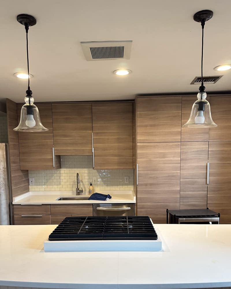 Pendant above bar area in kitchen.