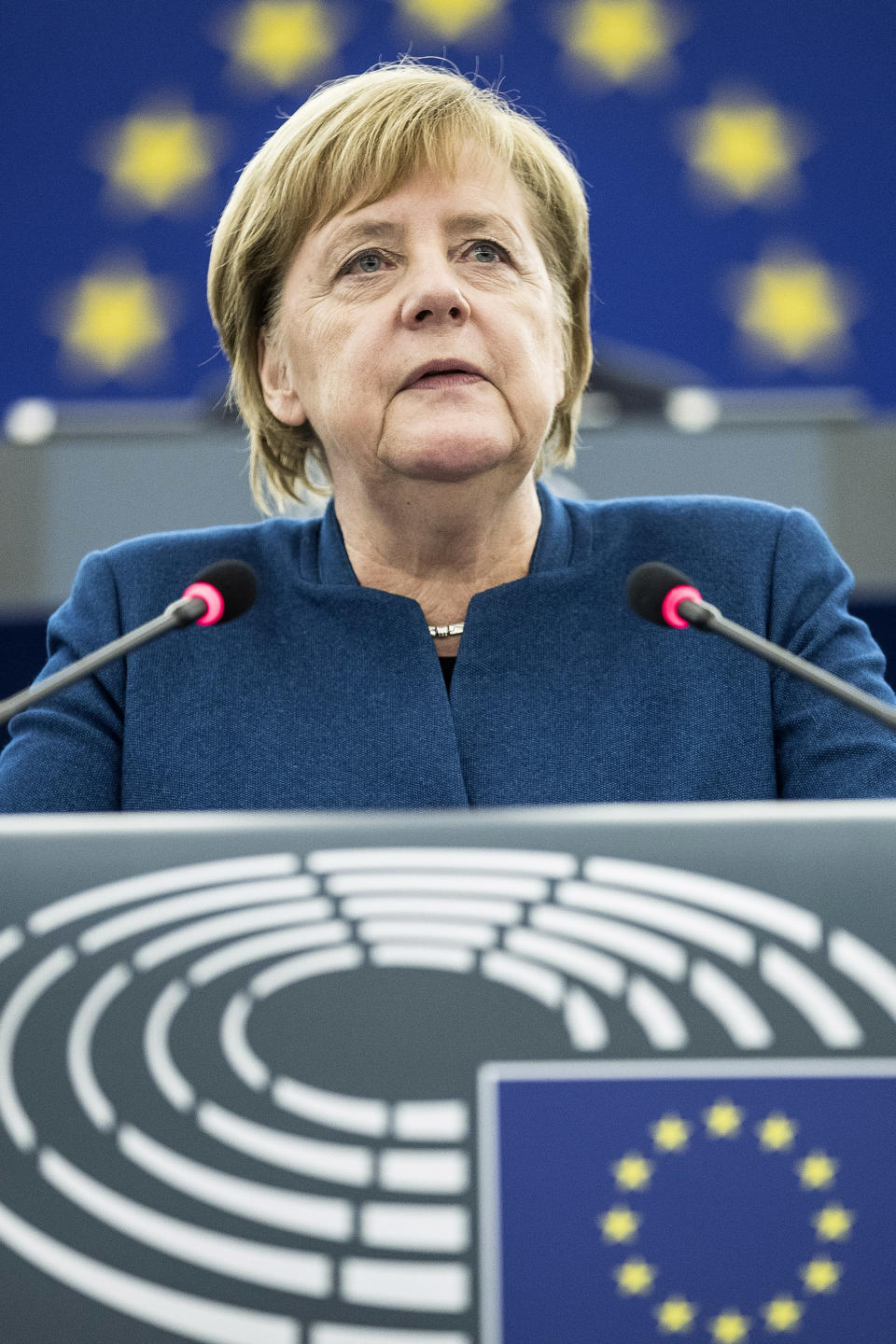 German Chancellor Angela Merkel debates the future of Europe with the members of the European Parliament, in Strasbourg, eastern France, Tuesday, Nov.13, 2018. (AP Photo/Jean-Francois Badias)