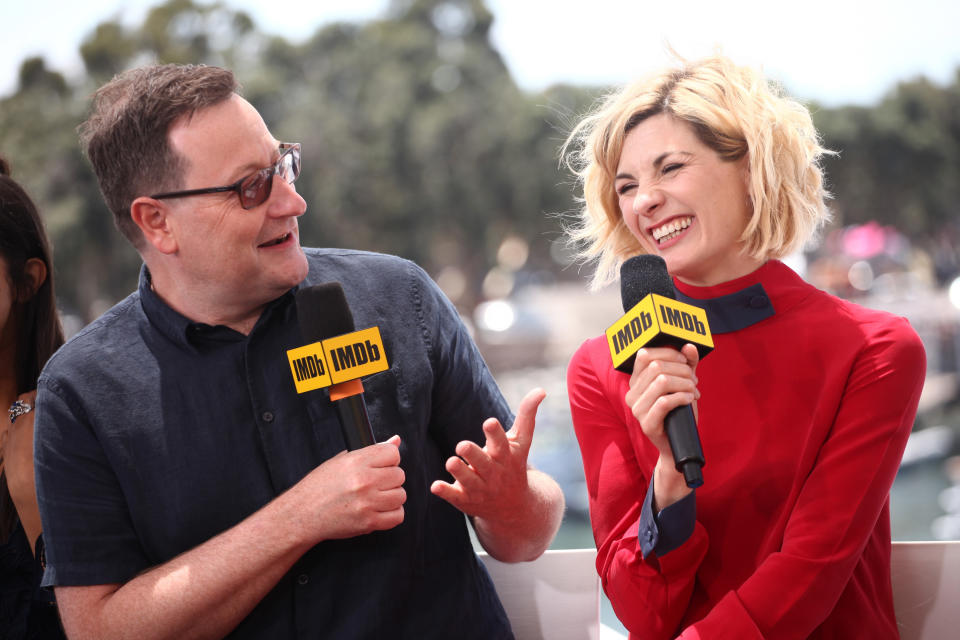 SAN DIEGO, CA - JULY 21:  Writer Chris Chibnall (L) and actor Jodie Whittaker attend the #IMDboat At San Diego Comic-Con 2018: Day Three at The IMDb Yacht on July 21, 2018 in San Diego, California.  (Photo by Tommaso Boddi/Getty Images for IMDb)