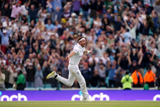 Stuart Broad celebrates taking the match-winning wicket in the final Ashes Test of the summer at the Oval