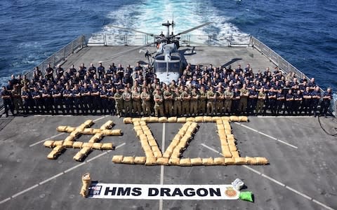 HMS Dragon shows of a drugs seizure of more than two tons of hashish captured in the Arabian sea on Feb 27, 2019 - Credit: MOD