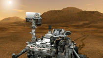 This artist concept features NASA's Mars Science Laboratory Curiosity rover, a mobile robot for investigating Mars' past or present ability to sustain microbial life.