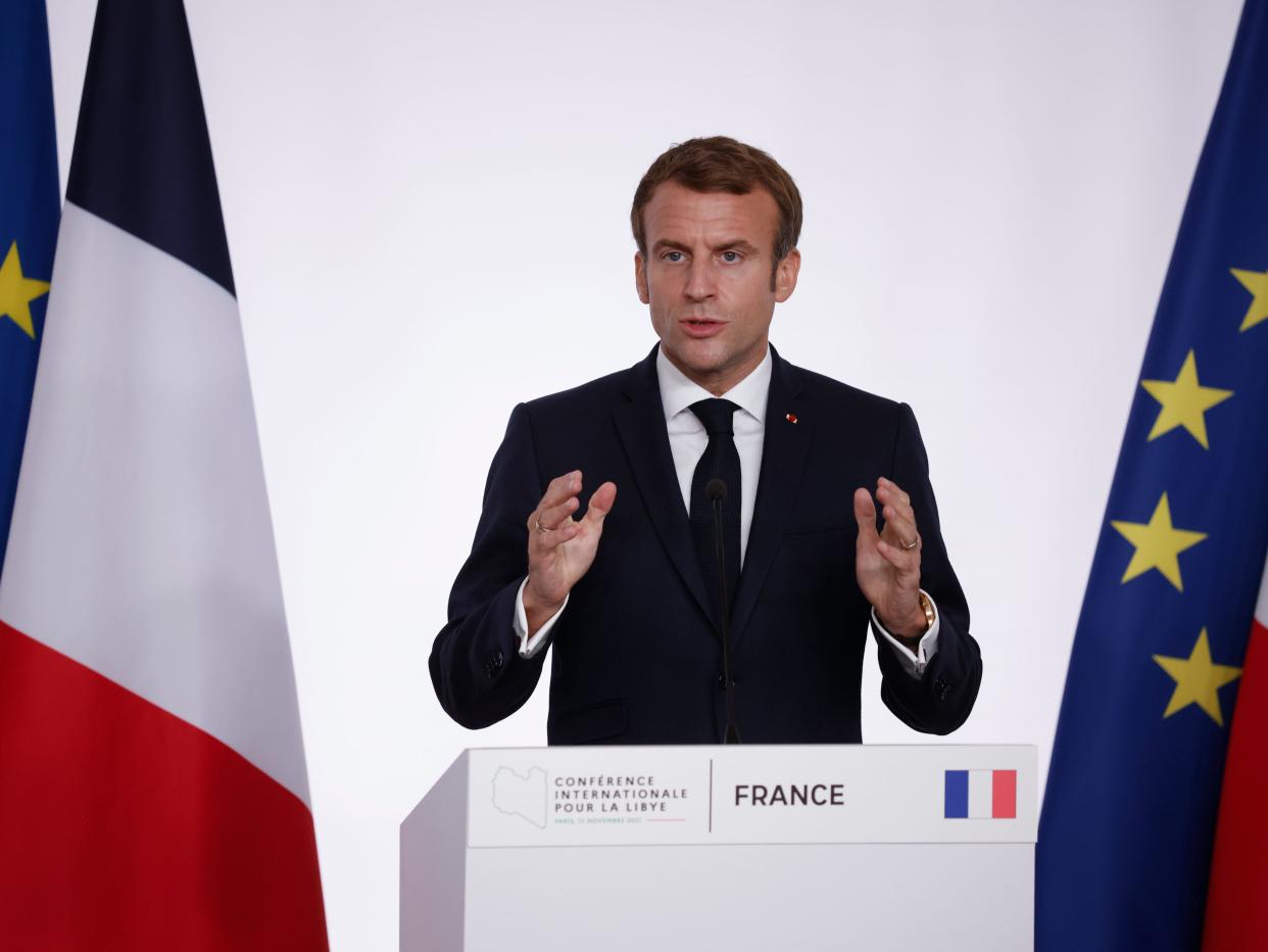 French President Emmanuel Macron speaks during a press conference folowing a conference on Libya in Paris Friday, Nov. 12, 2021.