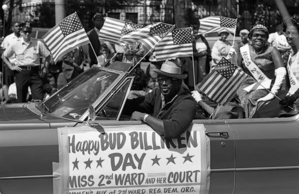 PHOTO: Miss 2nd Ward and her court smile and wave while riding in a convertible during the Bud Billiken Day parade, Chicago, in 1967.  (Robert Abbott Sengstacke/Getty Images)