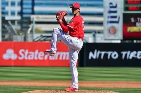 Feb 24, 2018; Tempe, AZ, USA; Los Angeles Angels pitcher Shohei Ohtani (17) throws during the second inning against the Milwaukee Brewers at Tempe Diablo Stadium. Matt Kartozian-USA TODAY Sports