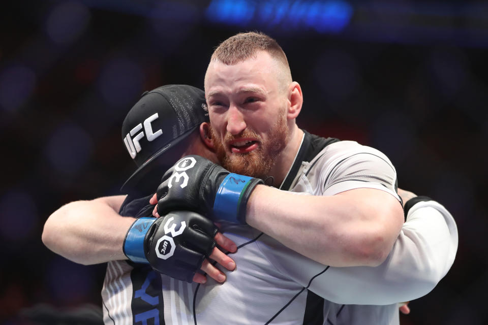MIAMI, FLORIDA - APRIL 8: Joe Pyfer celebrates his victory over Gerald Meerschaert in their middleweight fight during the UFC 287 event on April 08, 2023, at Kaseya Center in Miami, FL. (Photo by Alejandro Salazar/PxImages/Icon Sportswire via Getty Images)
