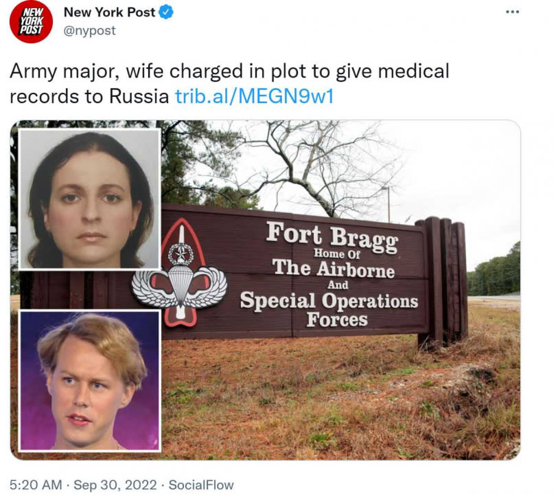 美國司法部在起訴書中指出，熟悉俄文的賈布里連涉嫌向「俄羅斯特工」提供美軍個人醫療資訊，而這名特工實際上是FBI探員假扮。（圖／翻攝自推特）