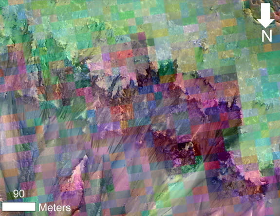 This image combines a photograph of seasonal dark flows on a Martian slope with a grid of colors based on data collected by a mineral-mapping spectrometer observing the same area. Image released Feb. 10, 2014.