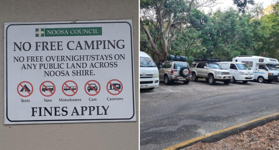 Left, a Noosa Council no free camping sign .Right, tourists illegally camping in a public Noosa car park.