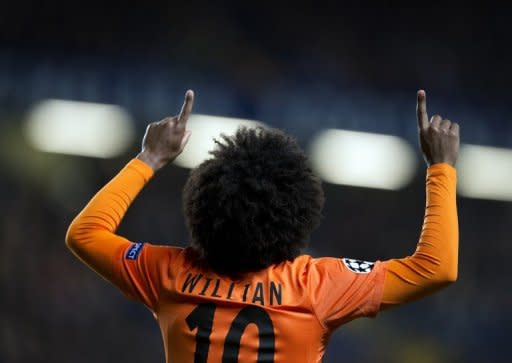 Shakhtar Donetsk's Brazilian player Willian celebrates after scoring against Chelsea in the UEFA Champions League at Stamford Bridge on November 7, 2012. Shakhtar won the last edition of the UEFA Cup in 2009 but the club is now enjoying what could be its best ever season -- outclassing rivals Dynamo Kiev to head the Ukrainian domestic league and into the last 16 of the Champions League