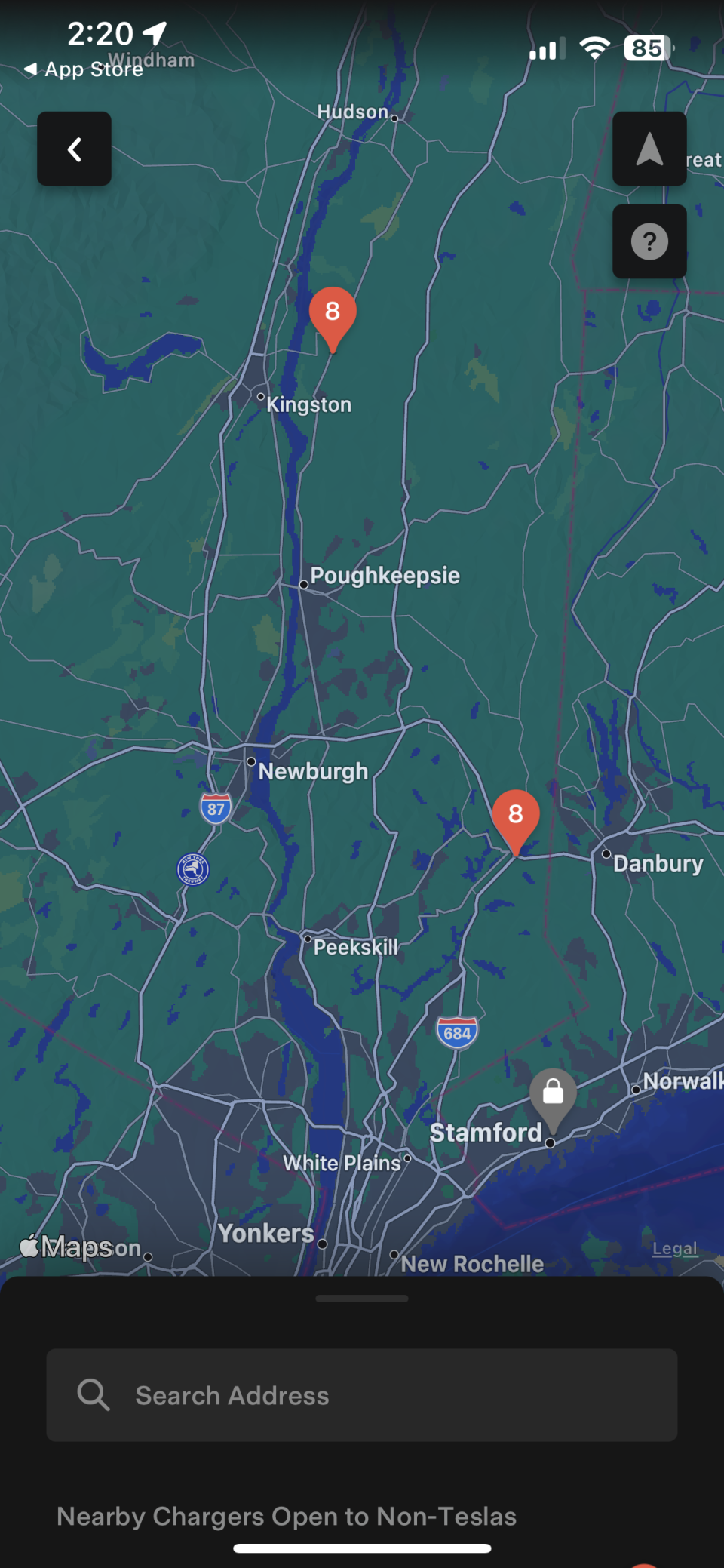 Tesla mobile app showing Supercharger stations open to non-Tesla users in NY state