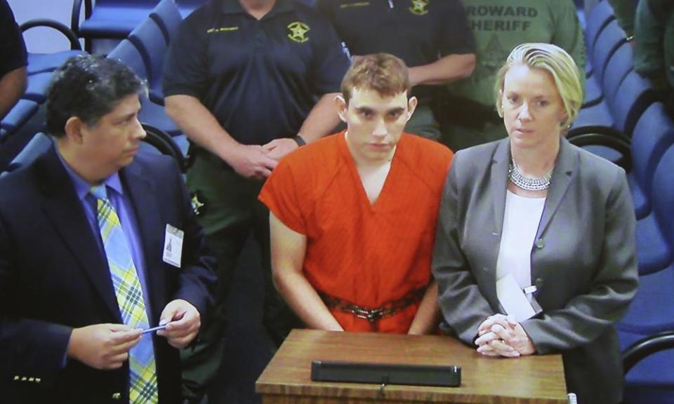 Nikolas Cruz, in shackles, appears in Broward County court on Thursday afternoon.