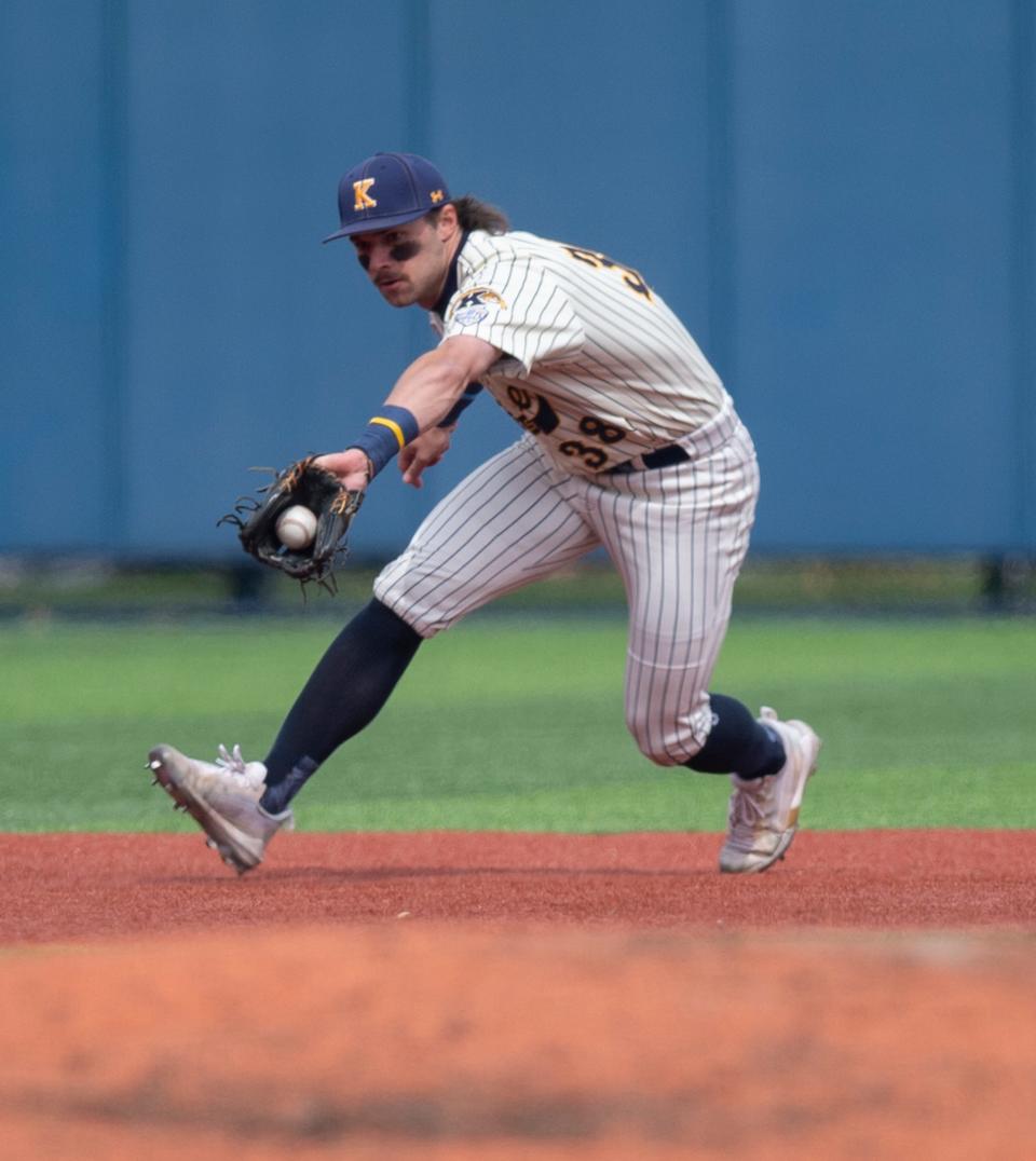 Kent State's Michael McNamara corrals a ground ball during last month's game against UConn at Schoonover Stadium.