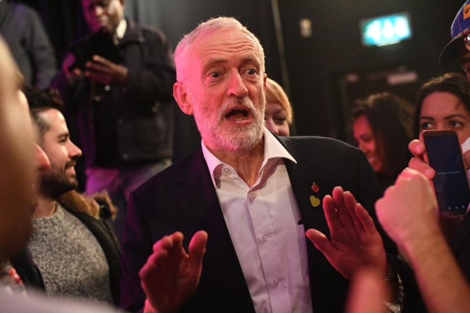 Labour leader Jeremy Corbyn with activists at Flash Music Theatre, Edgware, London, in 2019 (Victoria Jones/PA) (PA Archive)