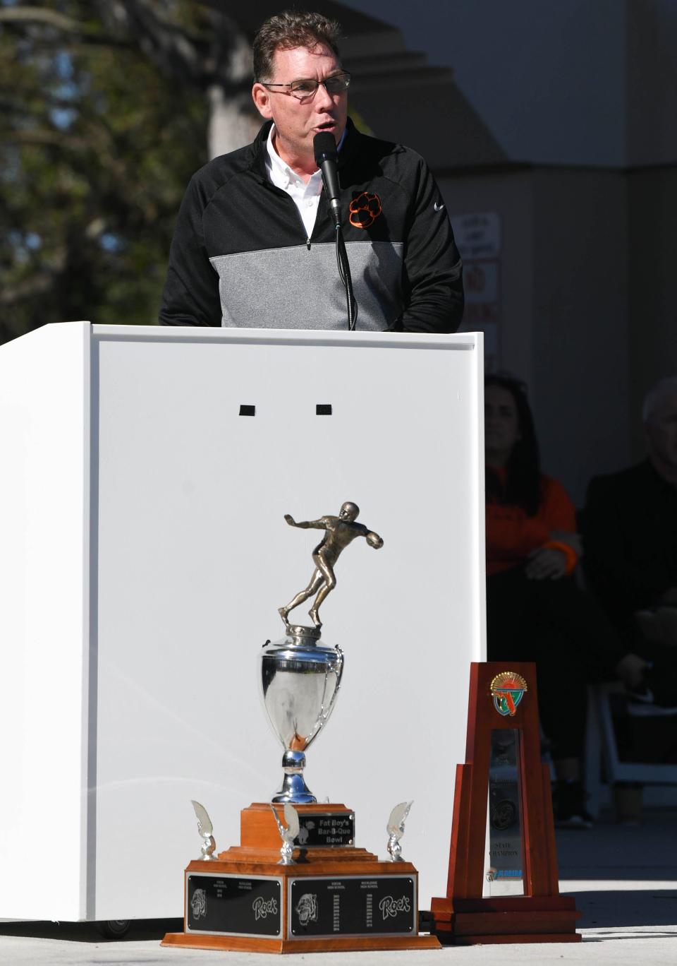 Cocoa High Athletic Director Mark Carstens speaks to the crowd gathered at Riverfront Park to celebrate the football team’s fifth state championship Saturday, January 7, 2023. Craig Bailey/FLORIDA TODAY via USA TODAY NETWORK