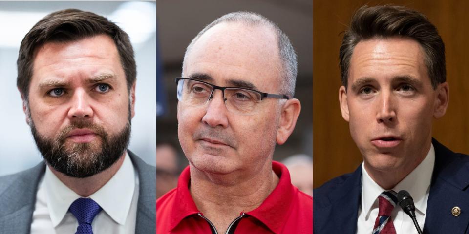 From left: Sen. JD Vance of Ohio, UAW President Shawn Fain, and Sen. Josh Hawley of Missouri.