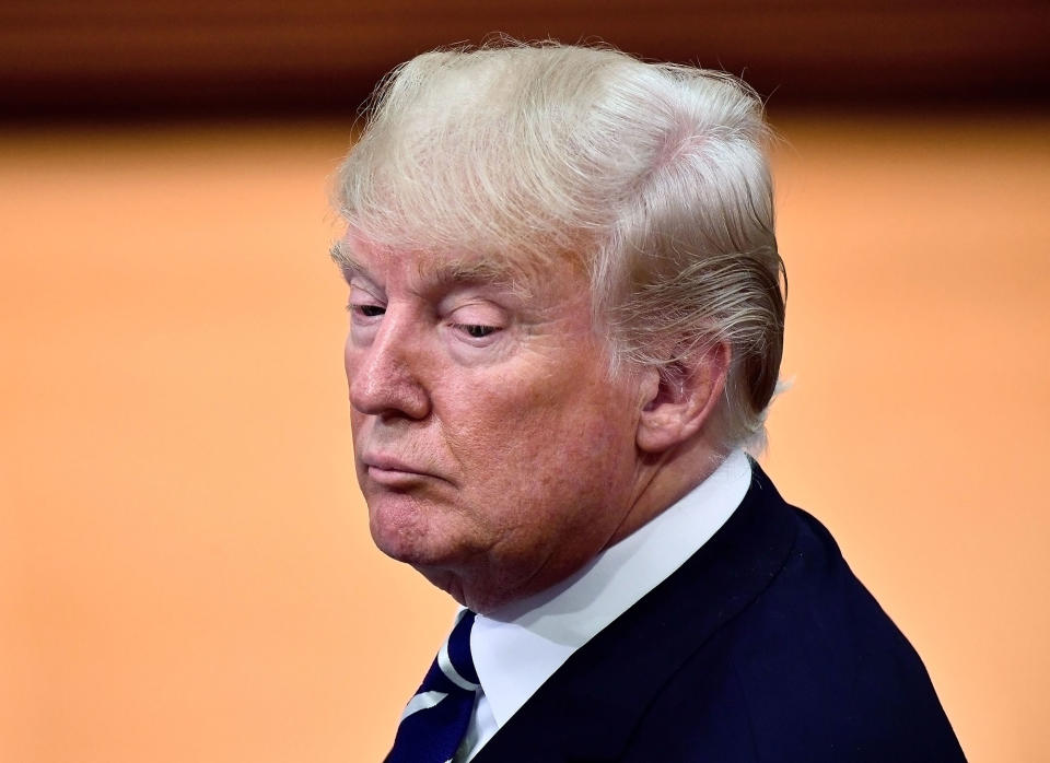 <p>President Donald Trump arrives for the first working session of the G20 Nations Summit with the topic ‘Global Growth and Trade’ on July 7, 2017 in Hamburg, Germany. (Photo: Thomas Lohnes/Getty Images) </p>