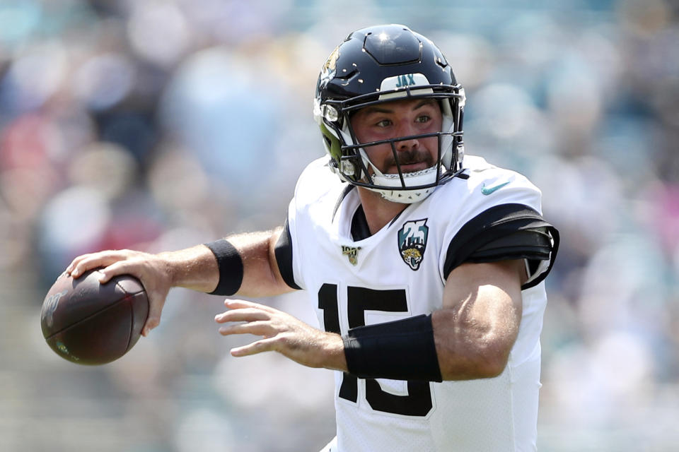 FILE - In this Sunday, Sept. 8, 2019, file photo, Jacksonville Jaguars quarterback Gardner Minshew (15) throws a pass during an NFL football game against the Kansas City Chiefs,, in Jacksonville, Fla. The Jaguars are turning to "The 'Stache." Rookie Gardner Minshew will make his first NFL start at Houston, and the Jaguars have few concerns about his ability to step in for Nick Foles.   (AP Photo/Perry Knotts, File)