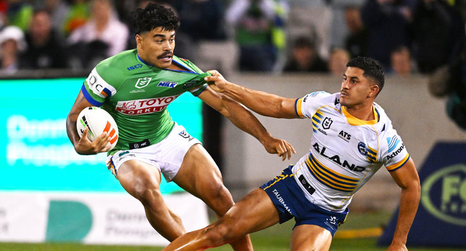 Dylan Brown is seen here putting on a tackle during Parramatta's heavy defeat to the Canberar Raiders in the NRL. Pic: AAP