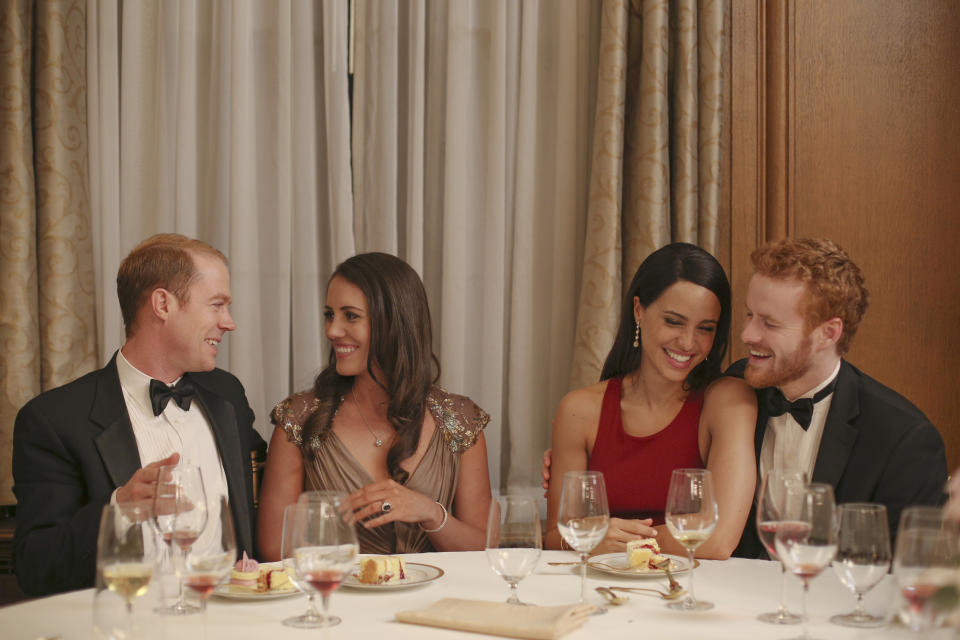 Burgess Abernathy, Laura Mitchell, Parisa Fitz-Henley, and Murray Fraser star in <em>Harry & Meghan: A Royal Romance</em>, premiering May 13 on Lifetime. (Photo: Courtesy of Lifetime)