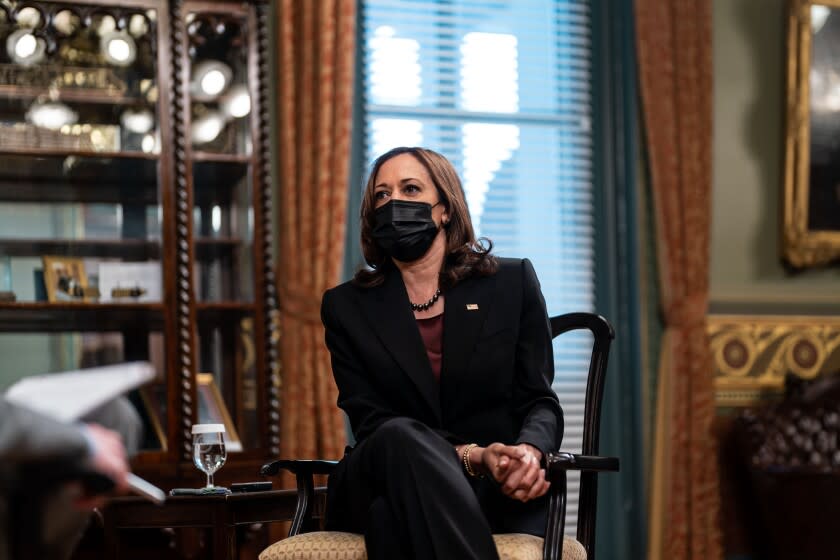 WASHINGTON, DC - DECEMBER 17: Vice President Kamala Harris speaks during an interview with The Los Angeles Times in her ceremonial office in the Eisenhower Executive Office Building on the White House Complex on Friday, Dec. 17, 2021 in Washington, DC. (Kent Nishimura / Los Angeles Times)