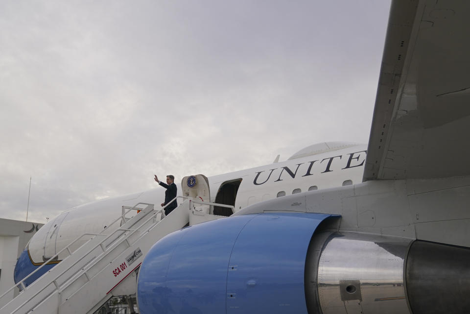 U.S. Secretary of State Antony Blinken waves before takeoff at the Felipe Ángeles International Airport (AIFA) in Zumpango, on the outskirts of Mexico City, Wednesday, Dec. 27, 2023. (AP Photo/Fernando Llano)