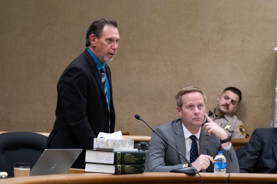 Defense attorneys Raymond Allen (left) and Tim Osman question the prosecutor’s witness in the sanity phase of the trial against their client, Stephen Deflaun, in San Luis Obispo Superior Court on Apr. 24, 2023.