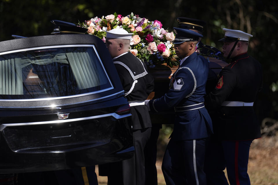 An Armed Forces body bearer team places the casket into the hearse after the funeral service for former first lady Rosalynn Carter at Maranatha Baptist Church, Wednesday, Nov. 29, 2023, in Plains, Ga. The former first lady died on Nov. 19. She was 96. (AP Photo/John Bazemore)