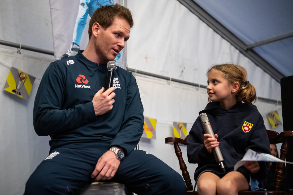 Morgan engaged with young fans on the ECB World Cup Winner's Trophy Tour