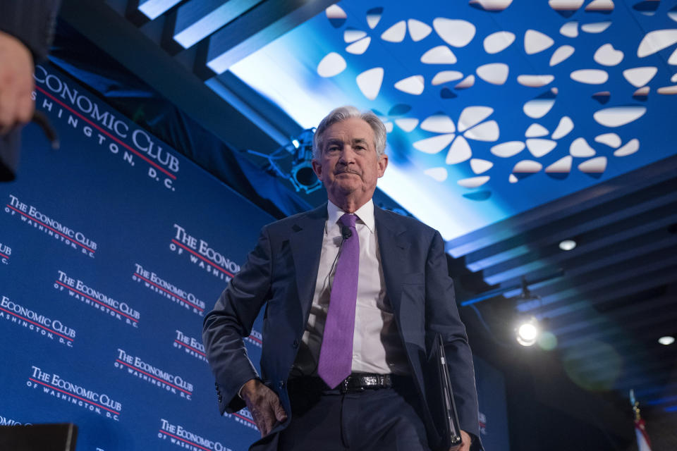 Federal Reserve Chair Jerome Powell walks off the stage after speaking at the Economic Club of Washington, Tuesday, Feb. 7, 2023, at the Renaissance Hotel in Washington. (AP Photo/Jess Rapfogel)