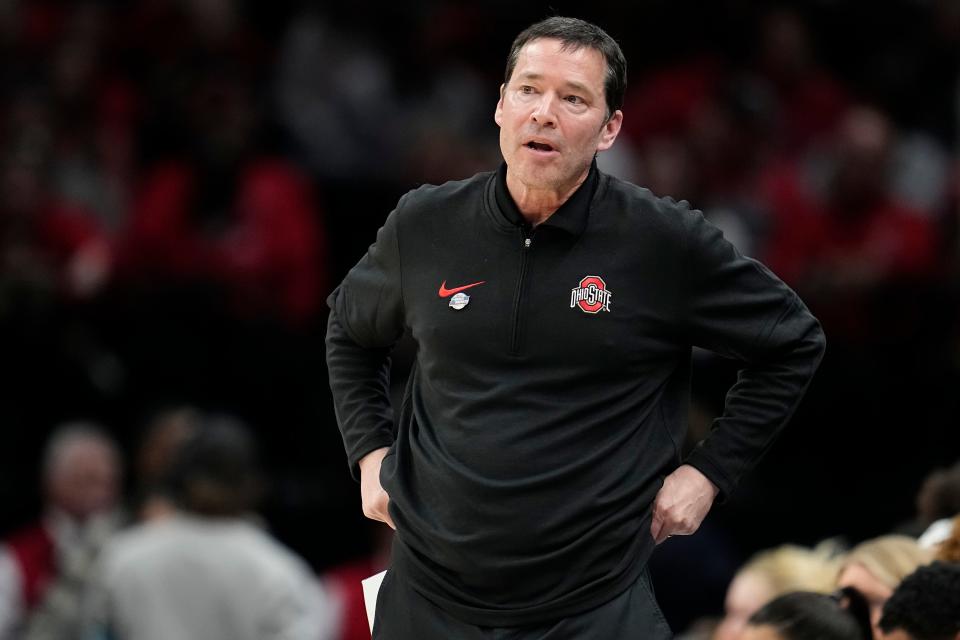 Mar 24, 2024; Columbus, OH, USA; Ohio State Buckeyes head coach Kevin McGuff watches his team during the first half of the women’s NCAA Tournament second round against the Duke Blue Devils at Value City Arena.