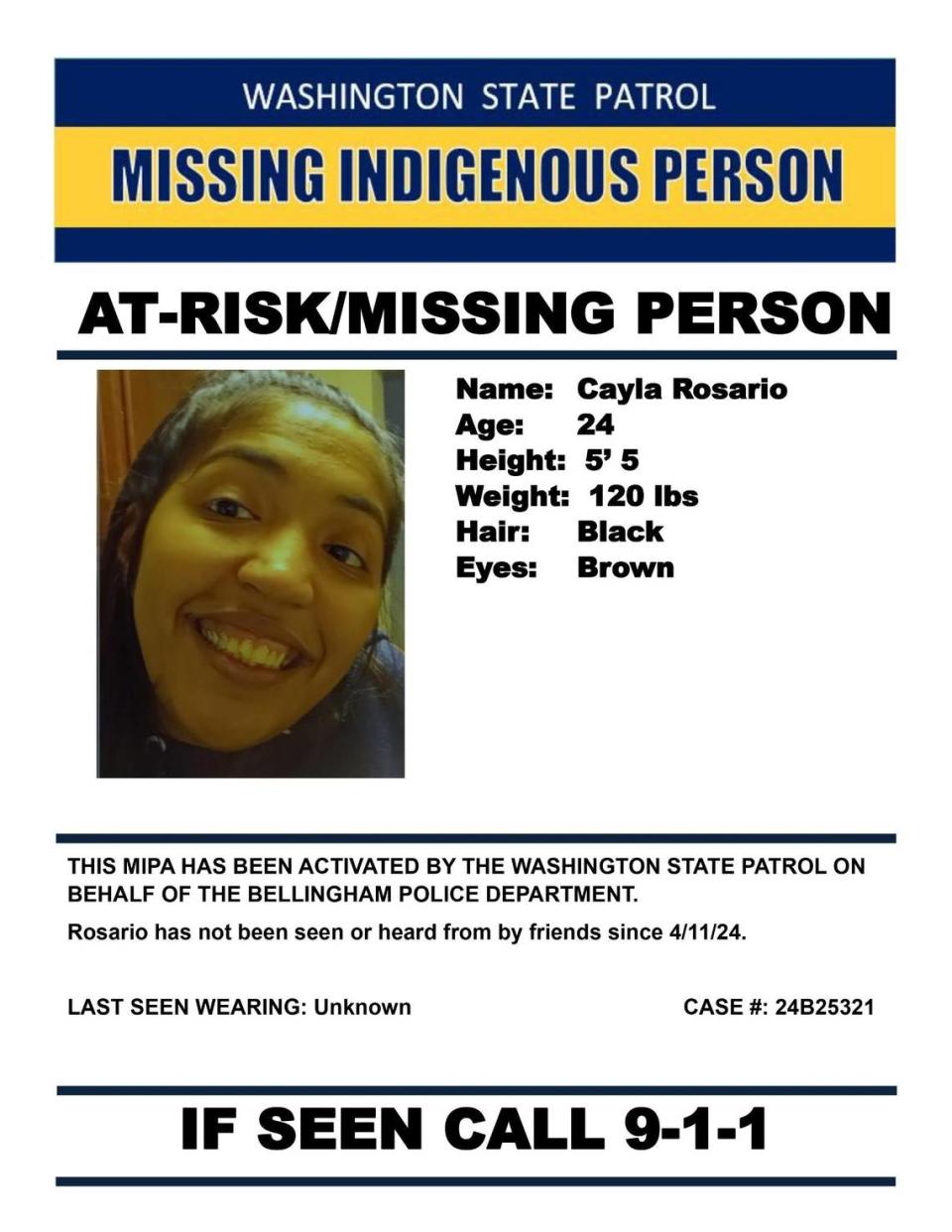 Cayla Rosario, 24, of Bellingham was last seen April 11. Washington State Patrol