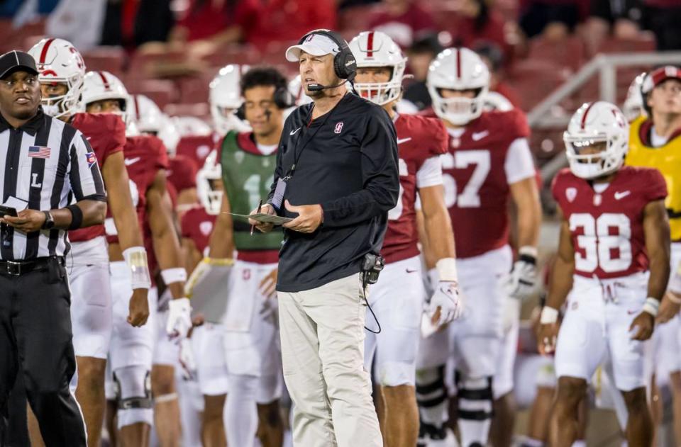 Stanford Cardinal head coach Troy Taylor leads his team against the Sacramento State Hornets during the second half of the NCAA college football game Saturday, Sept. 16, 2023, at Stanford University. The Hornets beat the Cardinal, 30-23.