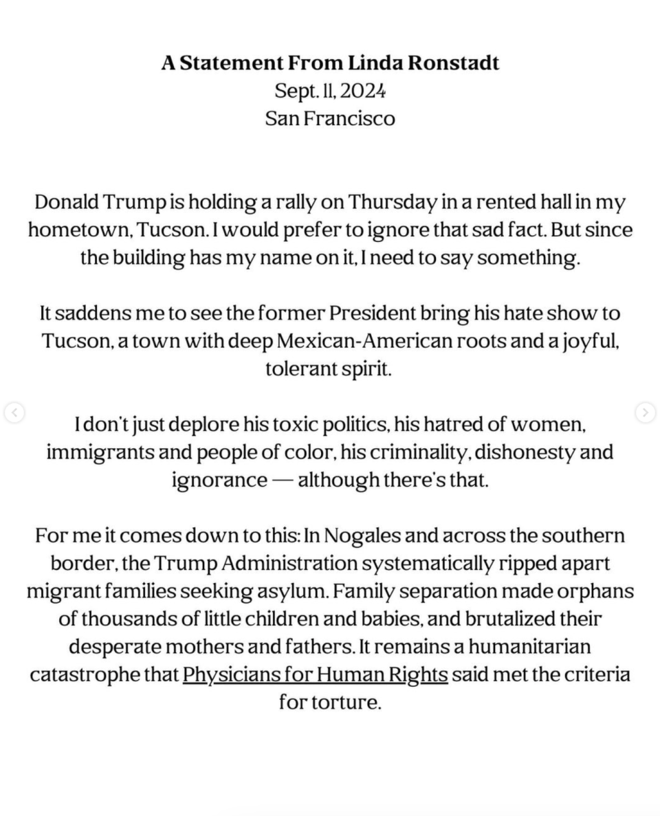 Statement by Linda Ronstadt against Donald Trump's visit to Tucson, highlighting Trump's mistreatment of immigrants and people of color and condemning his border policies