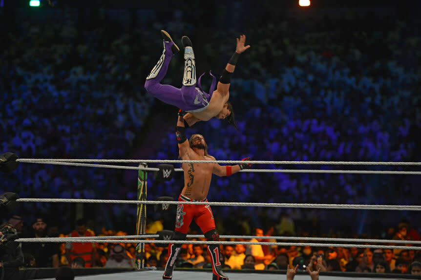 AJ Styles fights against Humberto Carrillo during the WWE Crown Jewel