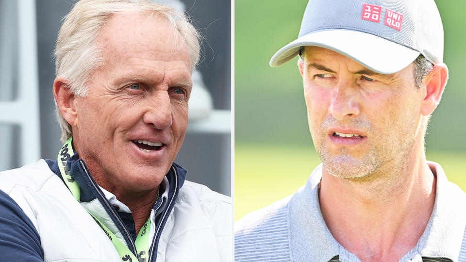 Greg Norman and Adam Scott are pictured side by side.