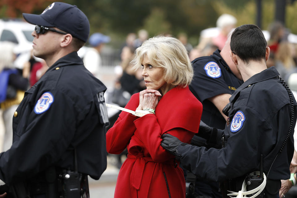 WASHINGTON, DC - OCTOBER 25: Actress Jane Fonda is arrested during the "Fire Drill Friday" Climate Change Protest on October 25, 2019 in Washington, DC . Protesters demand Immediate Action for a Green New Deal. Clean renewable energy by 2030, and no new exploration or drilling for Fossil Fuels.  (Photo by John Lamparski/Getty Images)