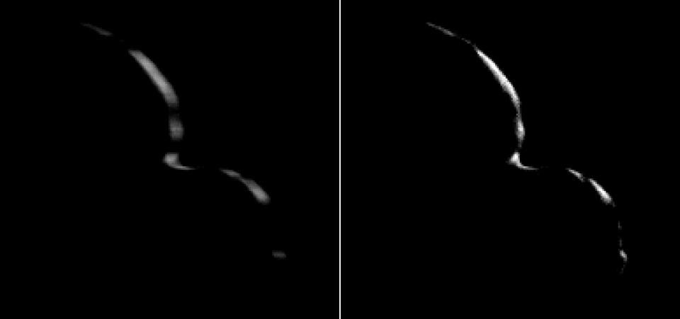 NASA’s New Horizons took this image of Ultima Thule on Jan. 1, 2019, from a distance of 5,494 miles (8,862 kilometers). At left: An "average" of 10 photos taken by the Long Range Reconnaissance Imager (LORRI); the crescent is blurred because a relatively long exposure time was used during this rapid scan to boost the camera’s signal level. At right: A sharper processed version of image, which removes the motion blur. <cite>NASA/Johns Hopkins Applied Physics Laboratory/Southwest Research Institute/National Optical Astronomy Observatory</cite>