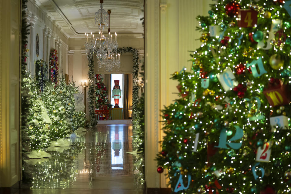 Holiday decorations adorn the White House for the 2023 theme "Magic, Wonder, and Joy," Monday, Nov. 27, 2023, in Washington. (AP Photo/Evan Vucci)